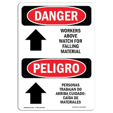 OSHA Danger, Workers Above Falling Material Bilingual, 10in X 7in Rigid Plastic